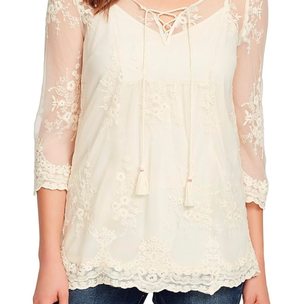 Vintage America Blues Top Womens L Mona Embroidered Mesh Lace Sheer Fairy Boho